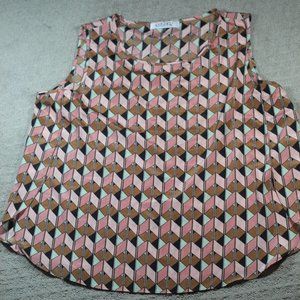 Kasper Size XL Peach, Black and Brown Geometric Patterned Blouse